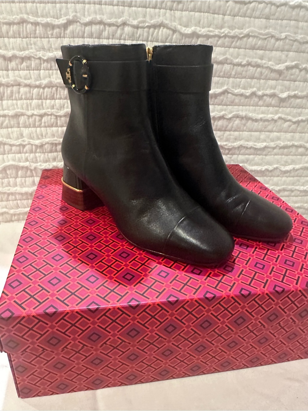Tory Burch Multi Logo Heel Ankle Boot Goat Leather Black Size 7